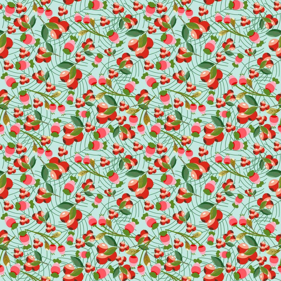 Seamless pattern of green leaves, red berry and soft red wild fruits, light green background. Vector illustration image.
