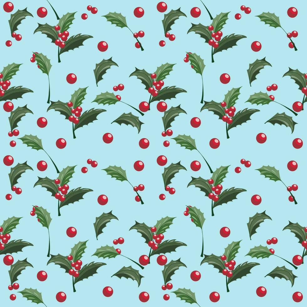 Seamless Christmas pattern of green leaves and Christmas red berry and  light blue background. vector