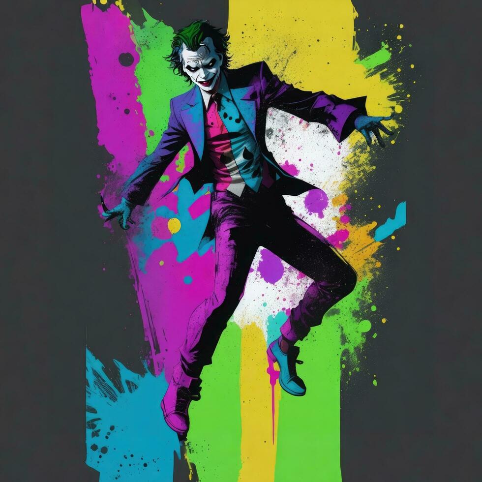 AI generated Colorful silhouette of a joker man dancing on a grunge background. photo