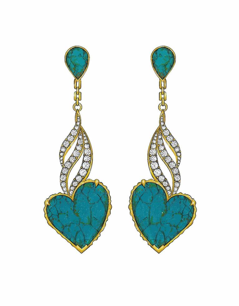 Jewelry design turquoise and diamond set with heart earrings hand drawing and painting on paper. vector