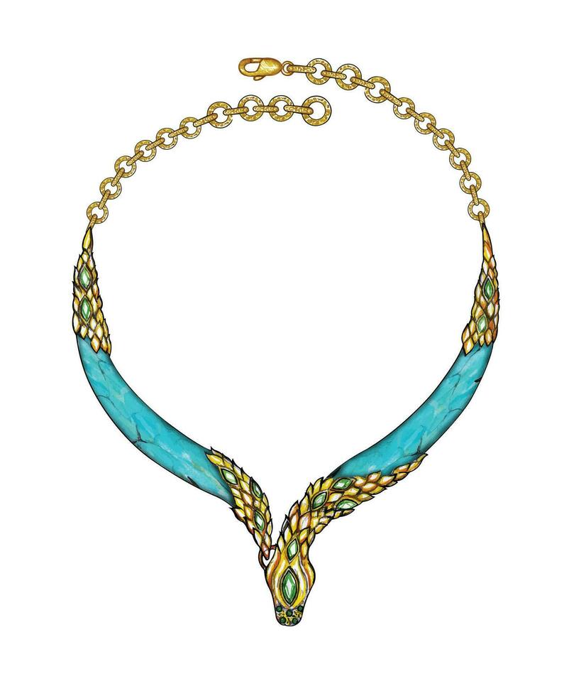 joyería diseño turquesa y verde zafiro conjunto con serpiente oro collar mano dibujo y pintura en papel hacer gráfico vector. vector