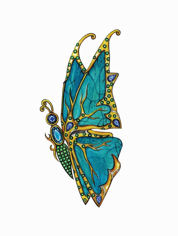 Jewelry design turquoise and fancy sapphire set with butterfly hand drawing and painting on paper make graphic vector. vector