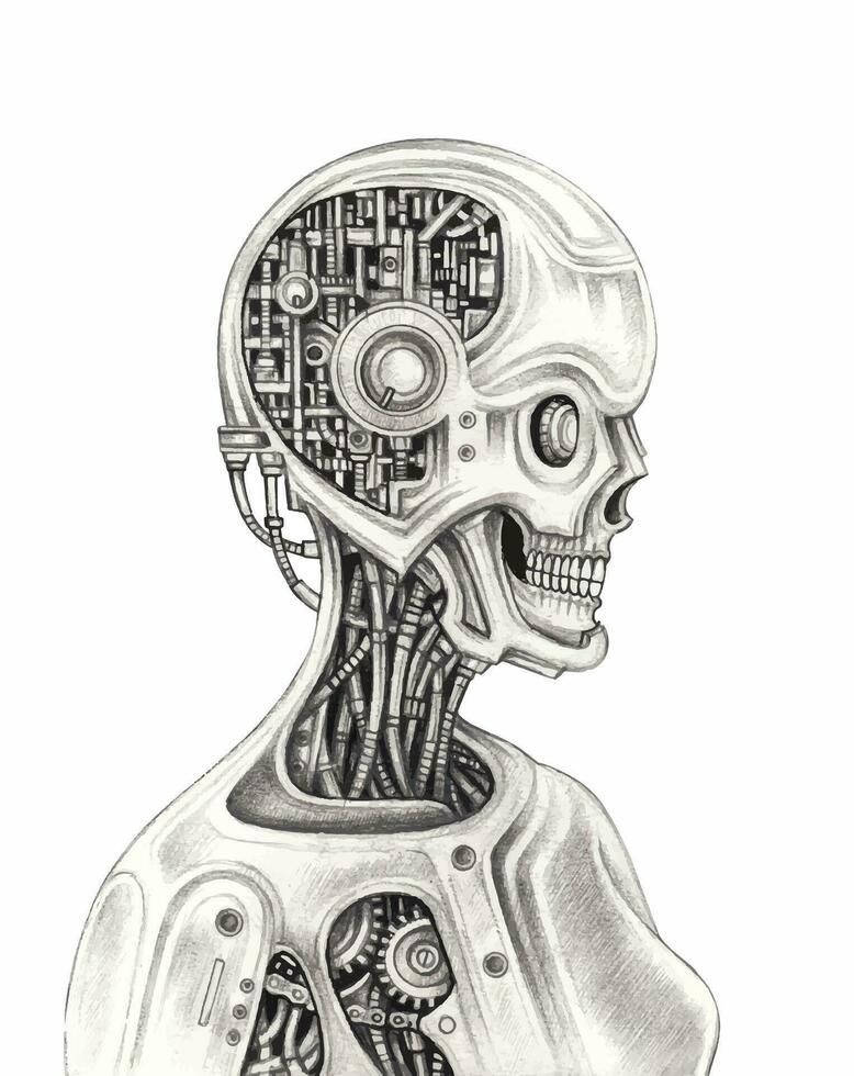 Futuristic skull hand drawing on paper make graphic vector. vector