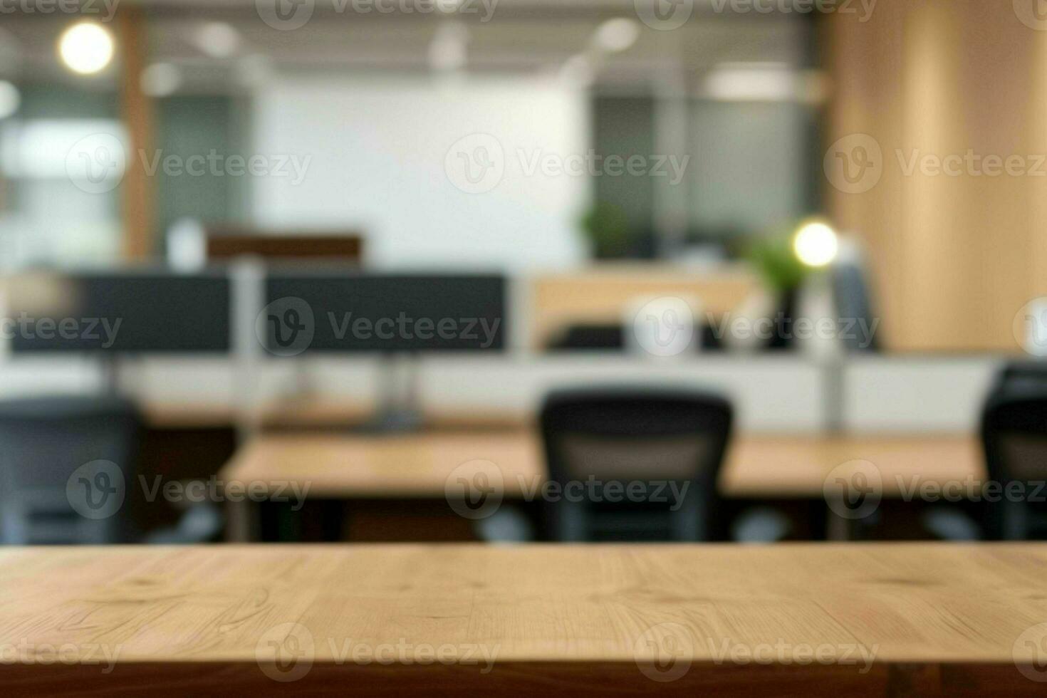 AI generated Wood Table with Blurred in Office Interior Space Background. AI Generative Pro Photo