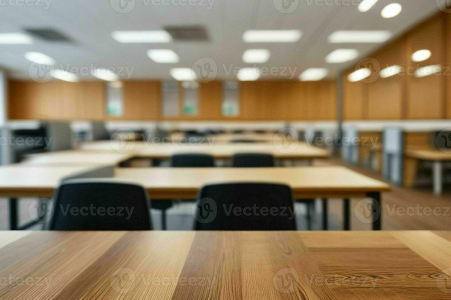 AI generated Wood Table with Blurred in Office Interior Space Background. AI Generative Pro Photo