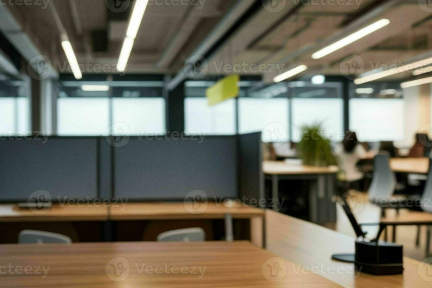 AI generated Wood Table with Blurred in Office Interior Space Background photo