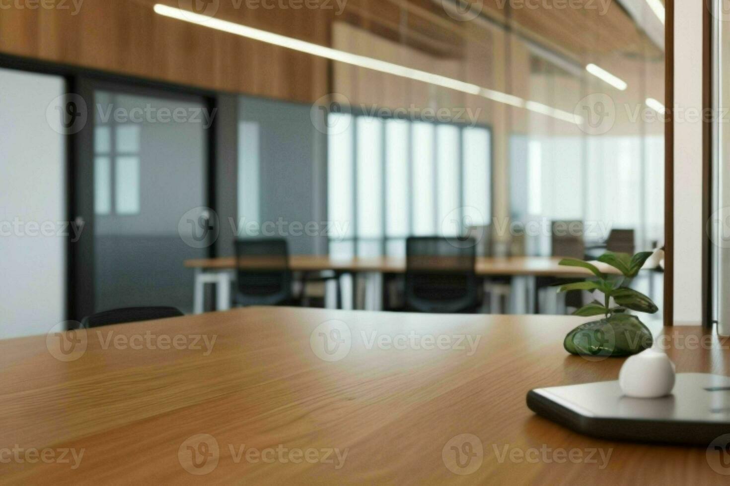 AI generated Wood Table with Blurred in Office Interior Space Background photo