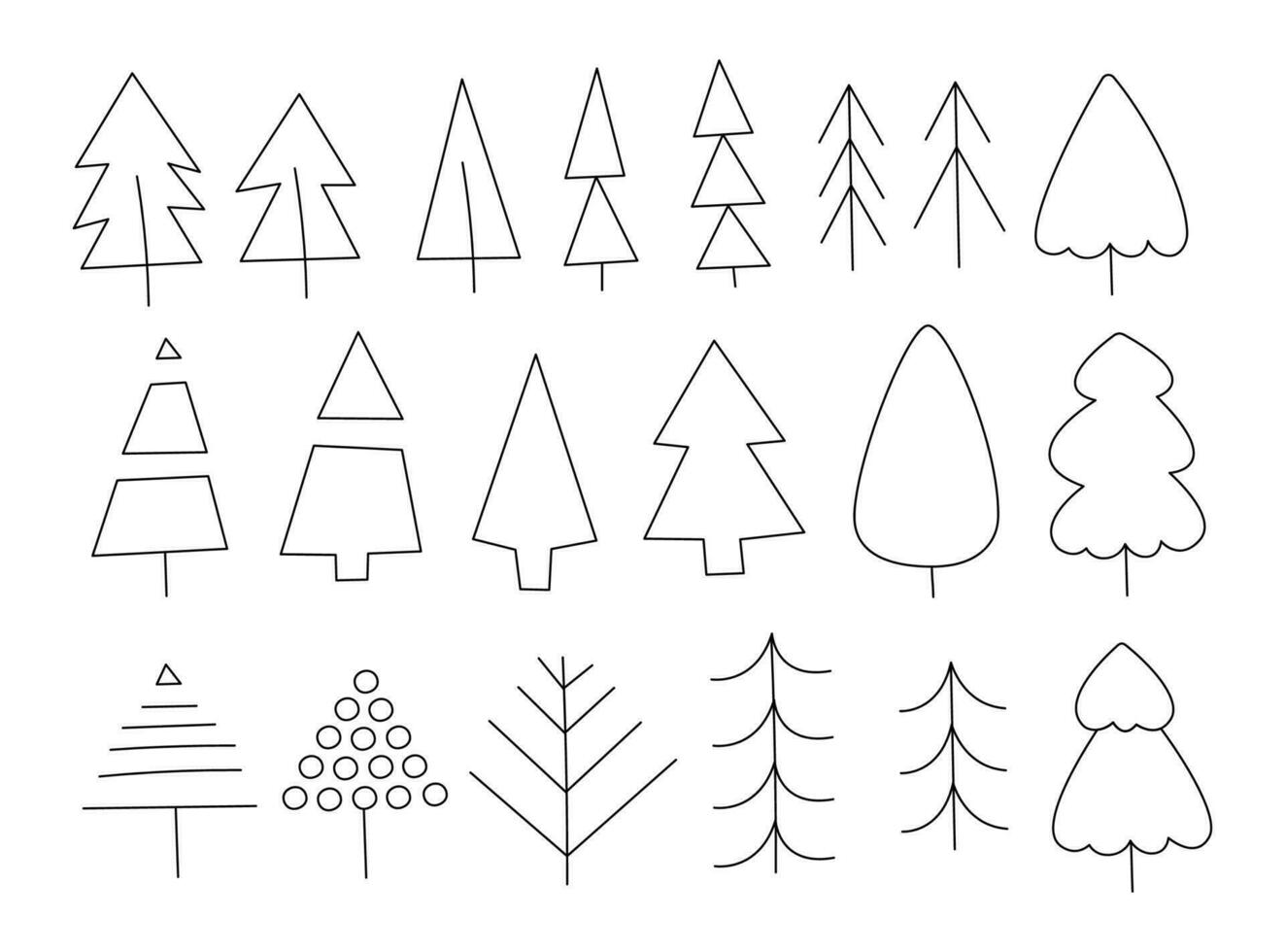 Set of Christmas trees of different shapes. Doodle vector black and white clipart illustration.