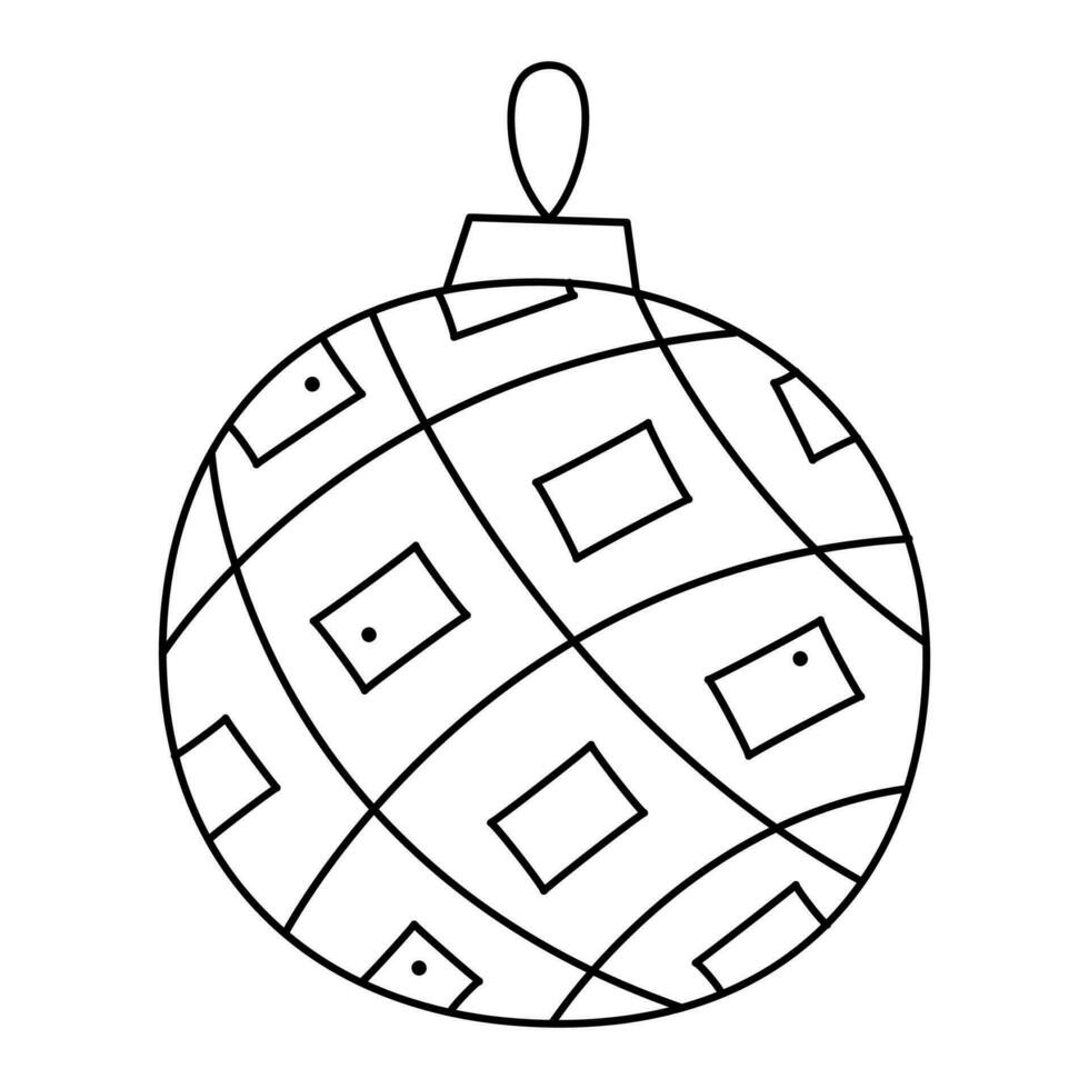 Checkered Christmas ball in doodle style. Vector black and white clipart illustration.