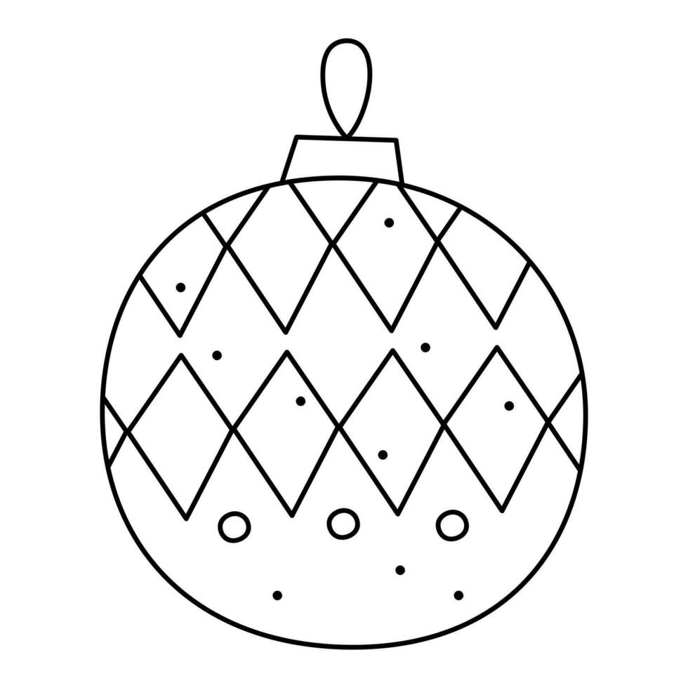 Christmas ball with a pattern of rhombuses and circles. Doodle vector black and white clipart illustration.
