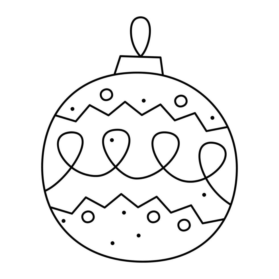 Doodle Christmas ball with zigzag pattern, circles and waves. Vector black and white clipart illustration.