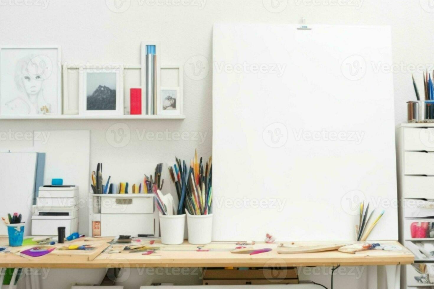 ai generado del artista espacio de trabajo con blanco lona con pintura suministros. ai generativo Pro foto