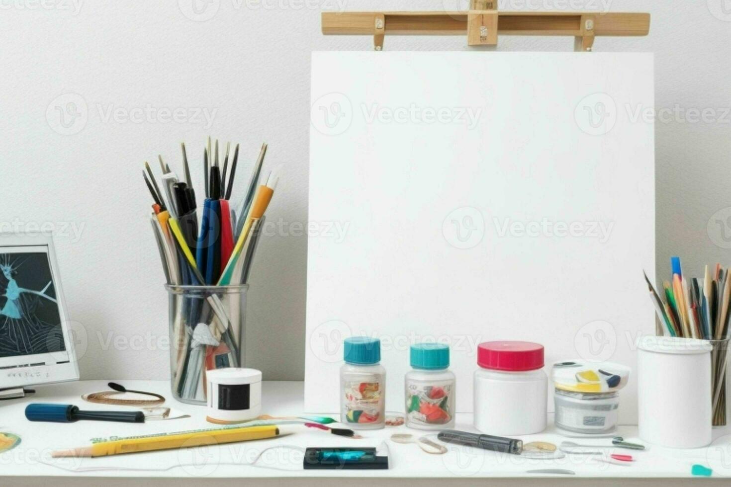 AI generated Artist's workspace with blank canvas with painting supplies. AI Generative Pro Photo