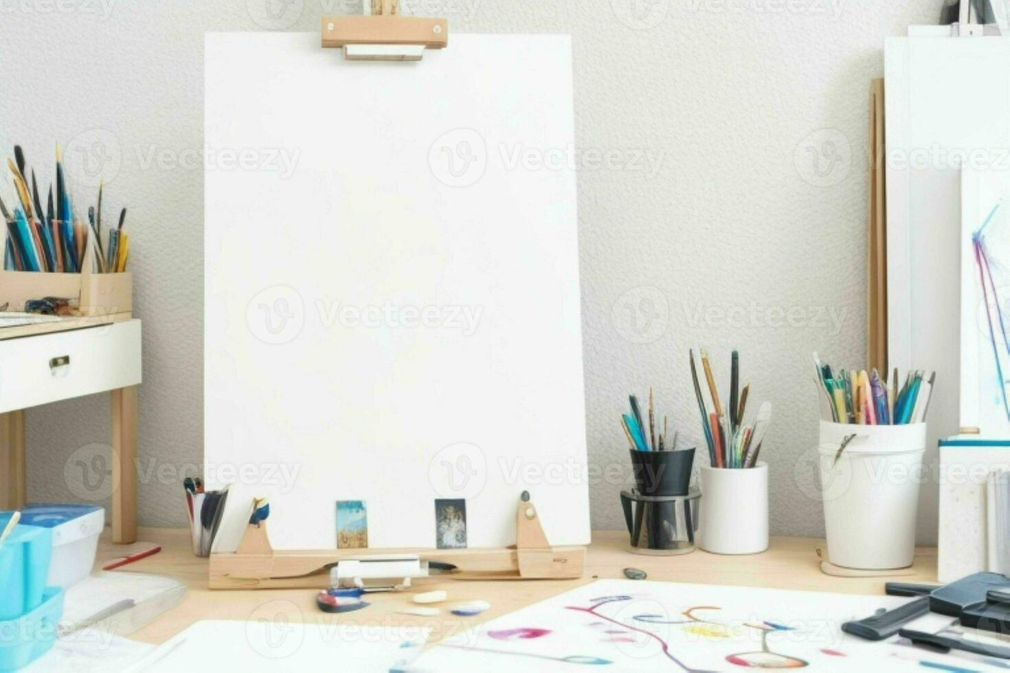 AI generated Artist's workspace with blank canvas with painting supplies. AI Generative Pro Photo