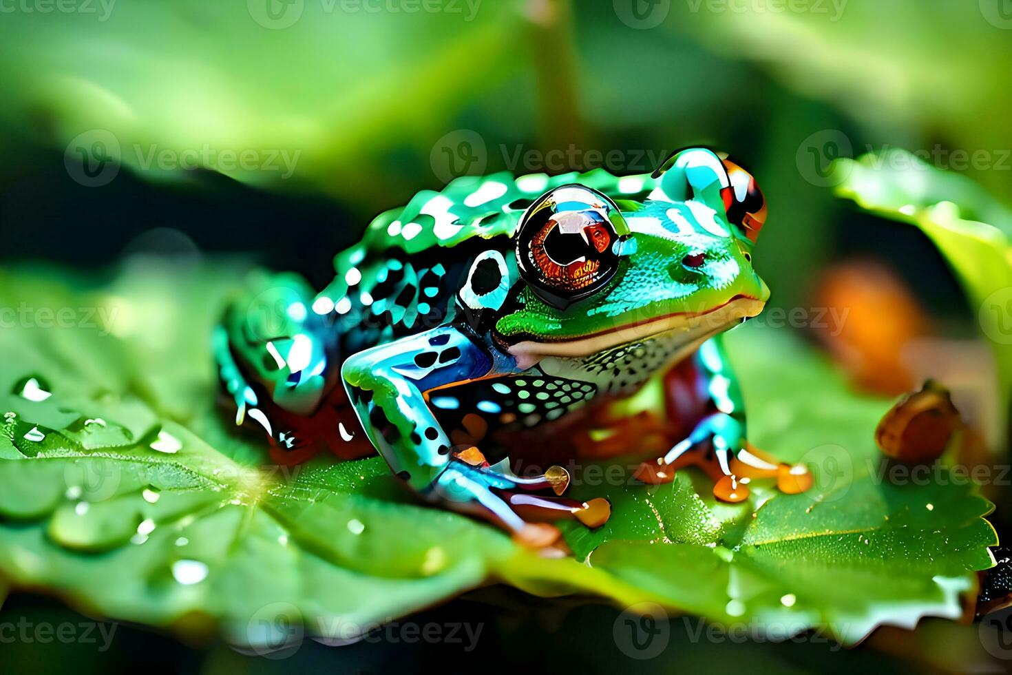 Green frog on a leaf,Generative AI photo