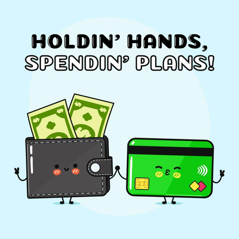 Wallet with money and Credit card character. Vector hand drawn cartoon kawaii characters, illustration icon. Funny cartoon happy Wallet with money and Credit card friends