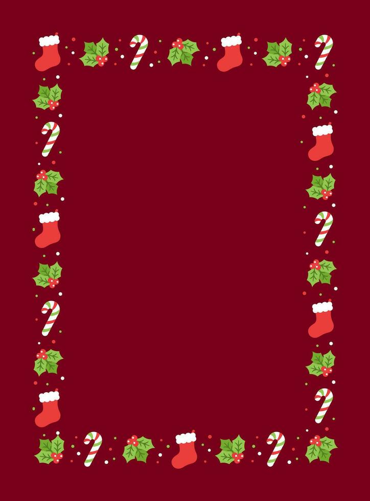 Vertical Rectangle Christmas Frame Border, Winter Holiday Graphics. Cute Mistletoe and Candy Cane pattern, card and social media post template vector illustration.