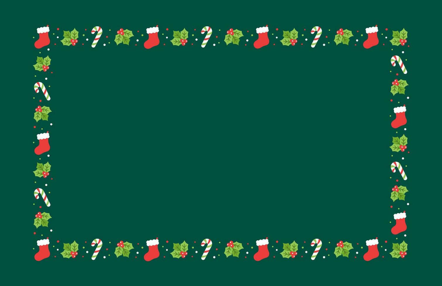 Rectangle Christmas Frame Border, Winter Holiday Graphics. Cute Mistletoe, Stocking and Candy Cane pattern, card and social media post template vector illustration.