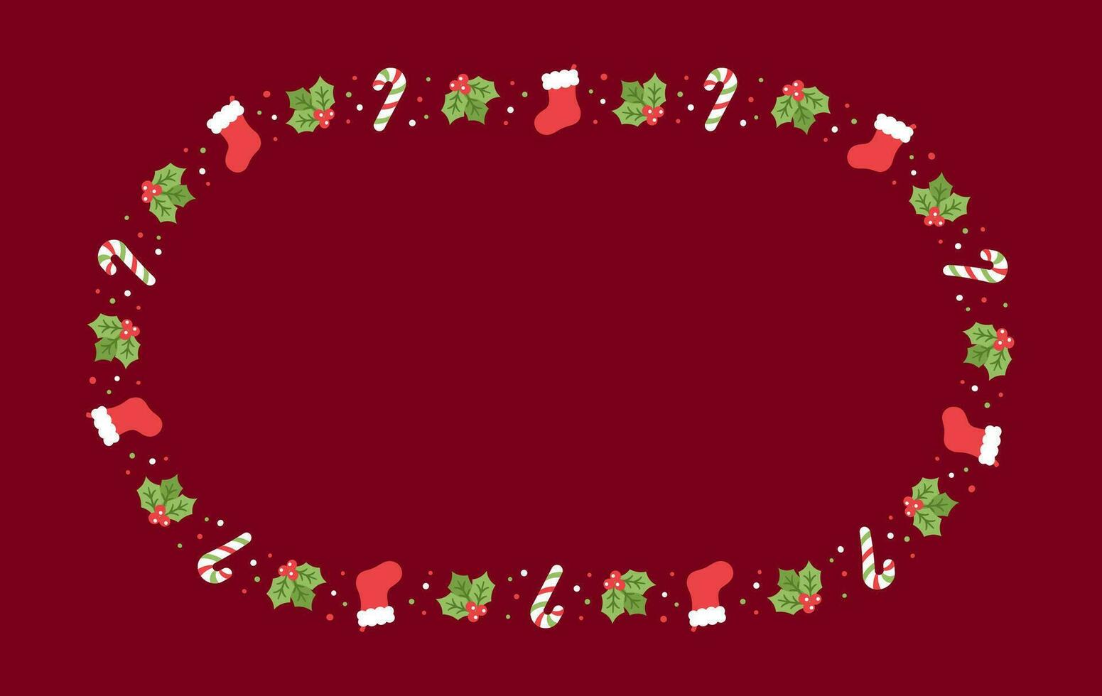 Oval Christmas Frame Border, Winter Holiday Graphics. Cute Mistletoe, Stocking and Candy Cane pattern, card and social media post template vector illustration.