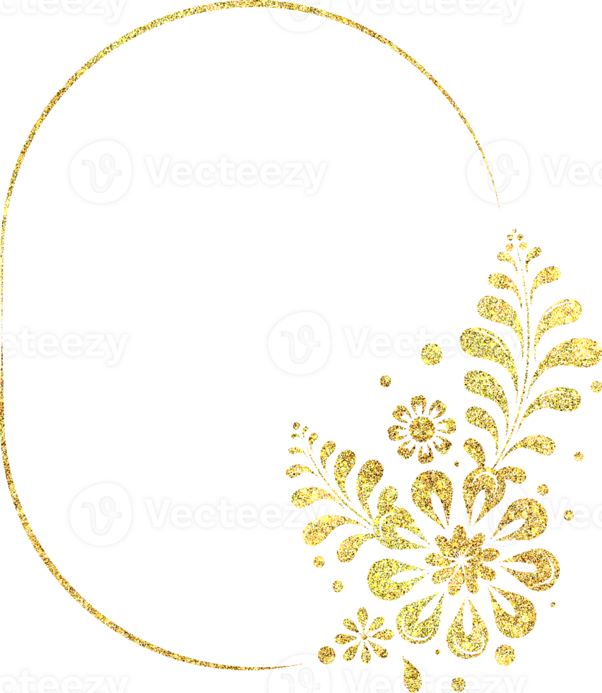 Golden decorative frame with glitter flowers png