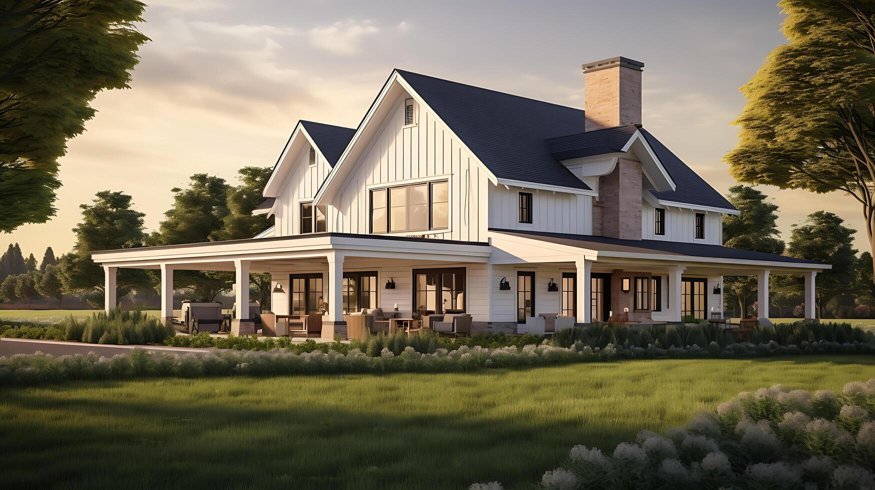 AI generated modern farmhouse on meadow photo