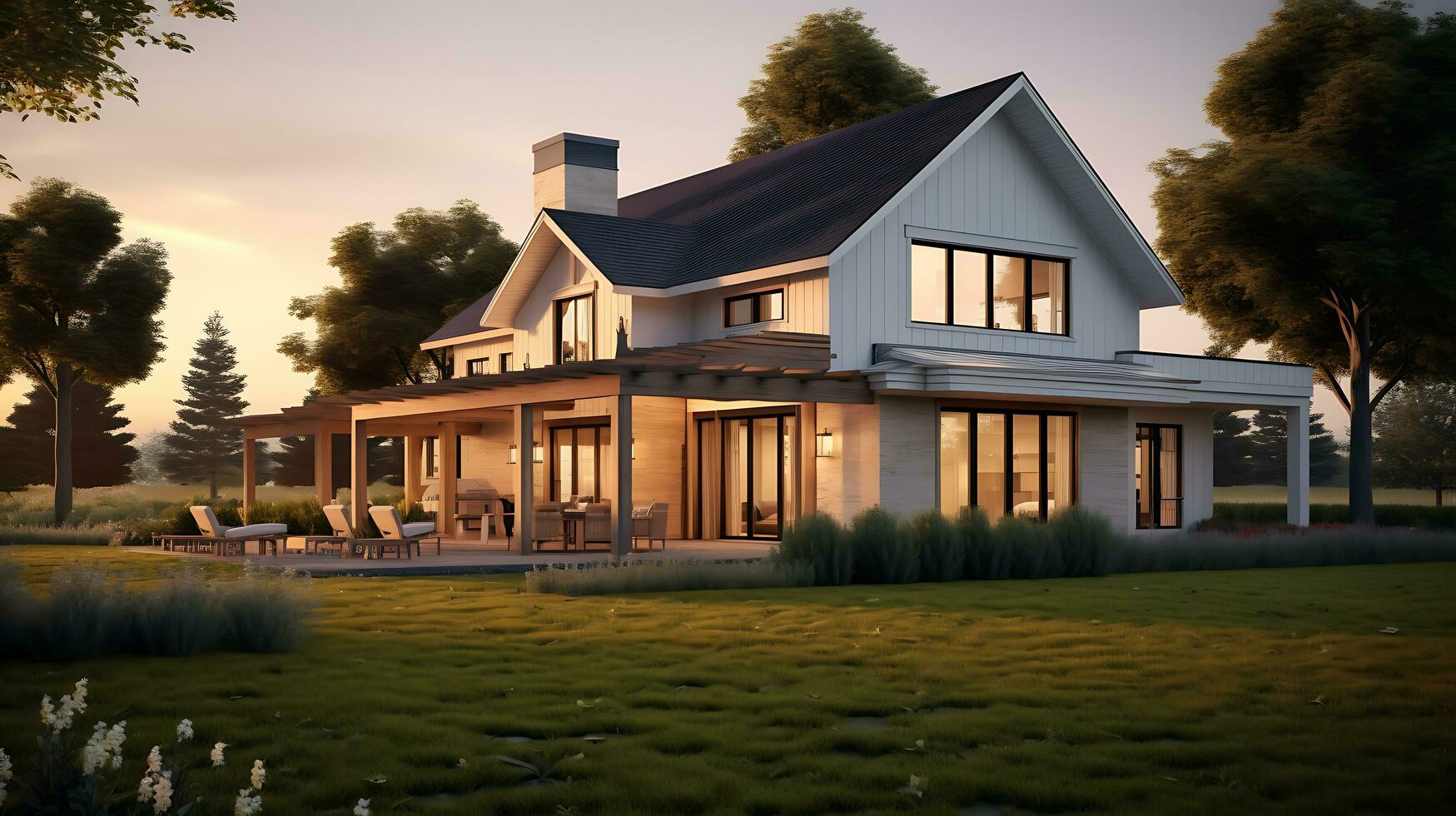 AI generated modern farmhouse on meadow photo