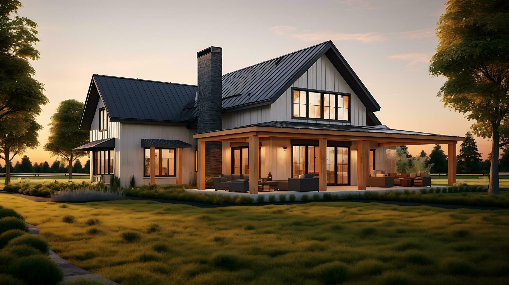 AI generated modern farmhouse on meadow photo