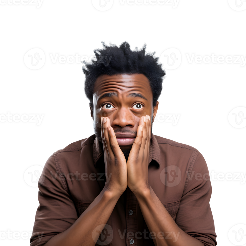 attractive young african american man worried with hands on his face. isolated AI Generated png