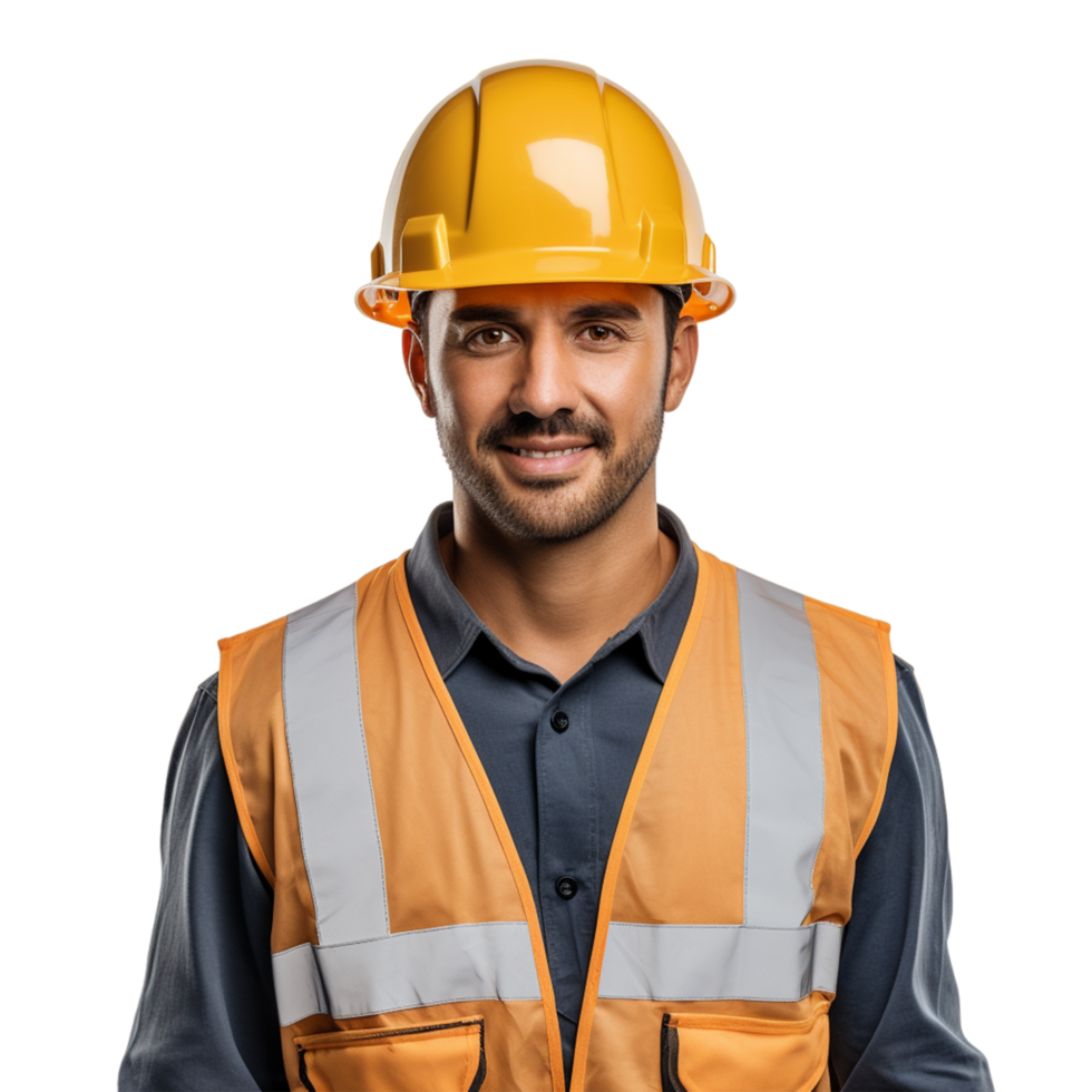 AI generated young builder man wearing construction uniform and safety helmet happily looks sideways png