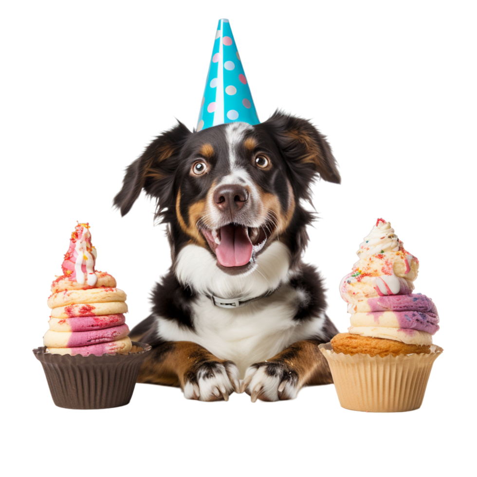 AI generated A dog wearing a party hat that says bernese mountain on it png