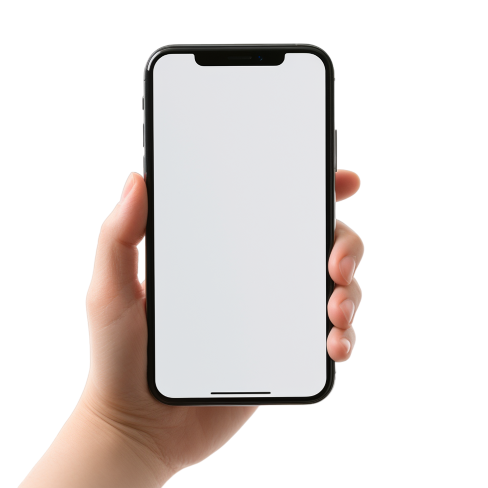 ai generiert Telefon Attrappe, Lehrmodell, Simulation im Hand Ausschnitt Pfad ein Smartphone mit ein leer Weiß Bildschirm png