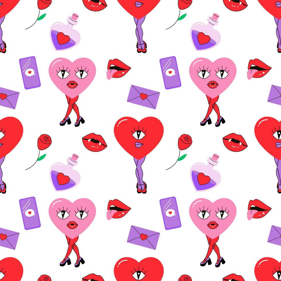 Seamless pattern, valentines day, hearts, groovy letter, love potion vector
