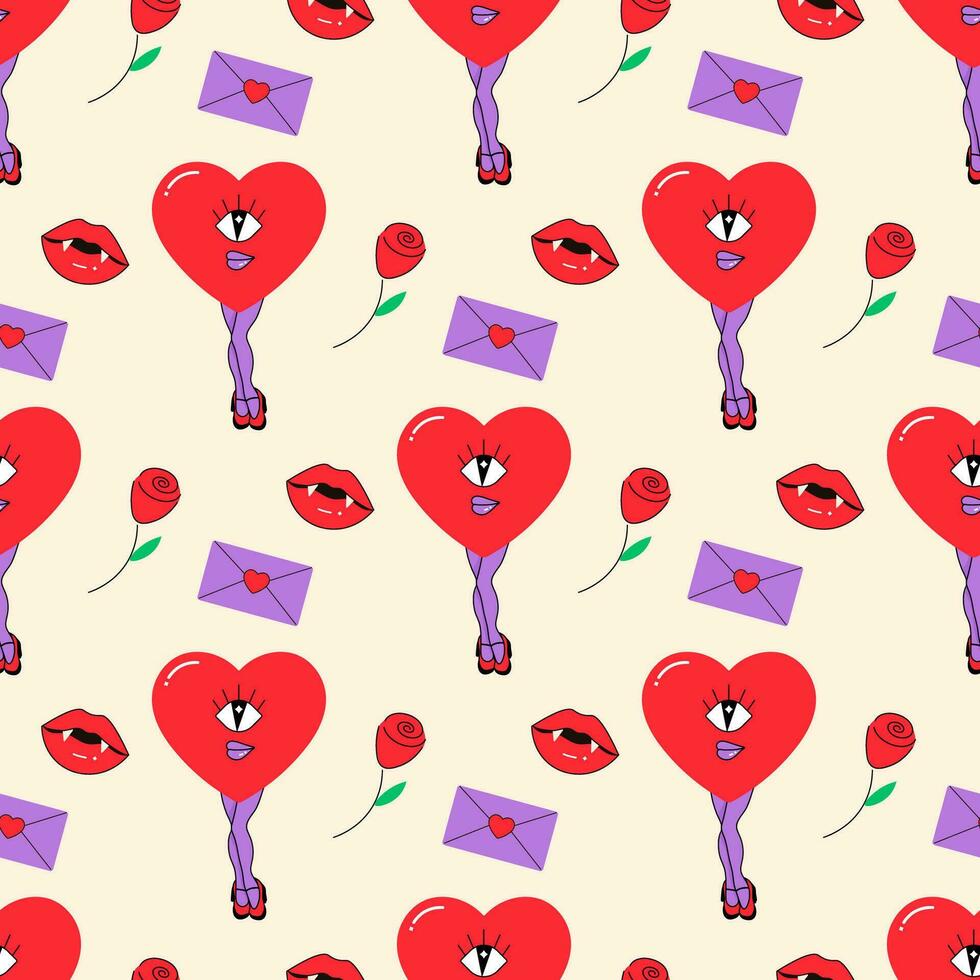 Seamless pattern, valentines day, hearts, groovy letter, love potion vector