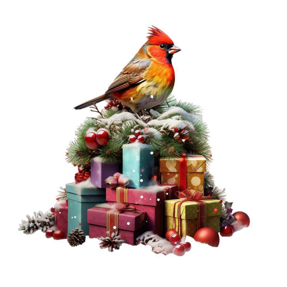 Weihnachten Geschenk Box und Vögel Dekor ai generativ png