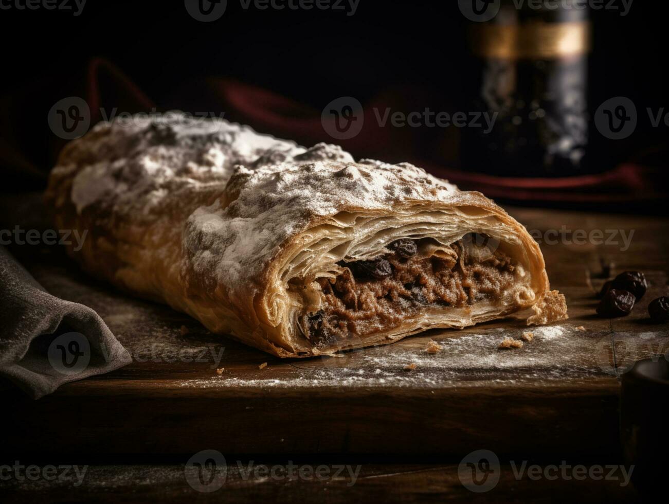 AI generated Delicious traditional strudel on a wooden board, decorated with berries. Photorealistic illustration. AI generated. photo