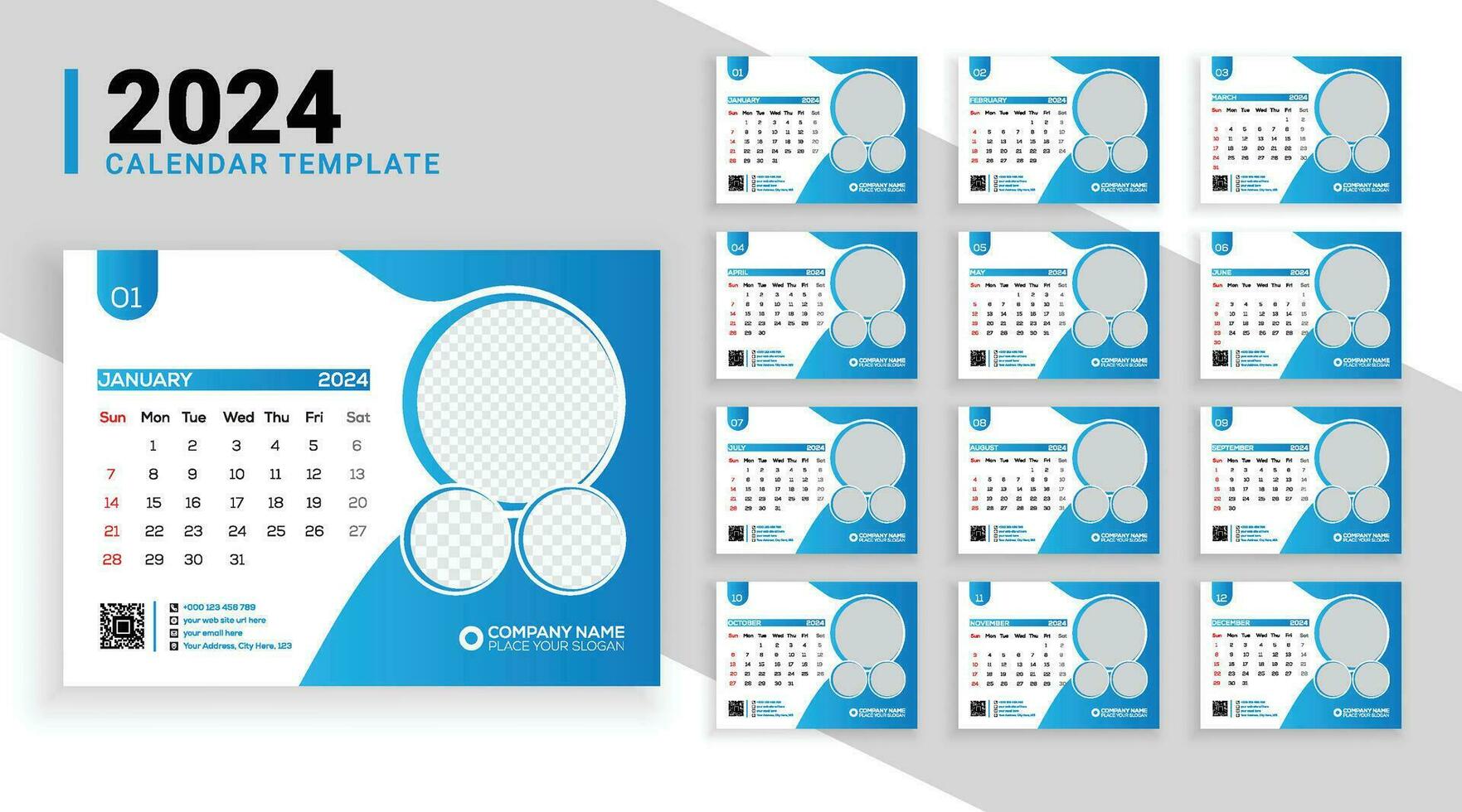 moderno 12 paginas escritorio calendario modelo para el año 2024 con resumen degradado formas y un imagen marcador de posición vector