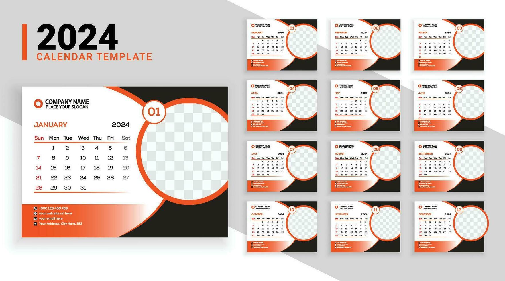 calendario diseño para 2024. semana empieza en Dom. conjunto de 12 calendario paginas vector diseño impresión modelo con sitio para foto y empresa logo. escritorio calendario modelo con blanco antecedentes.