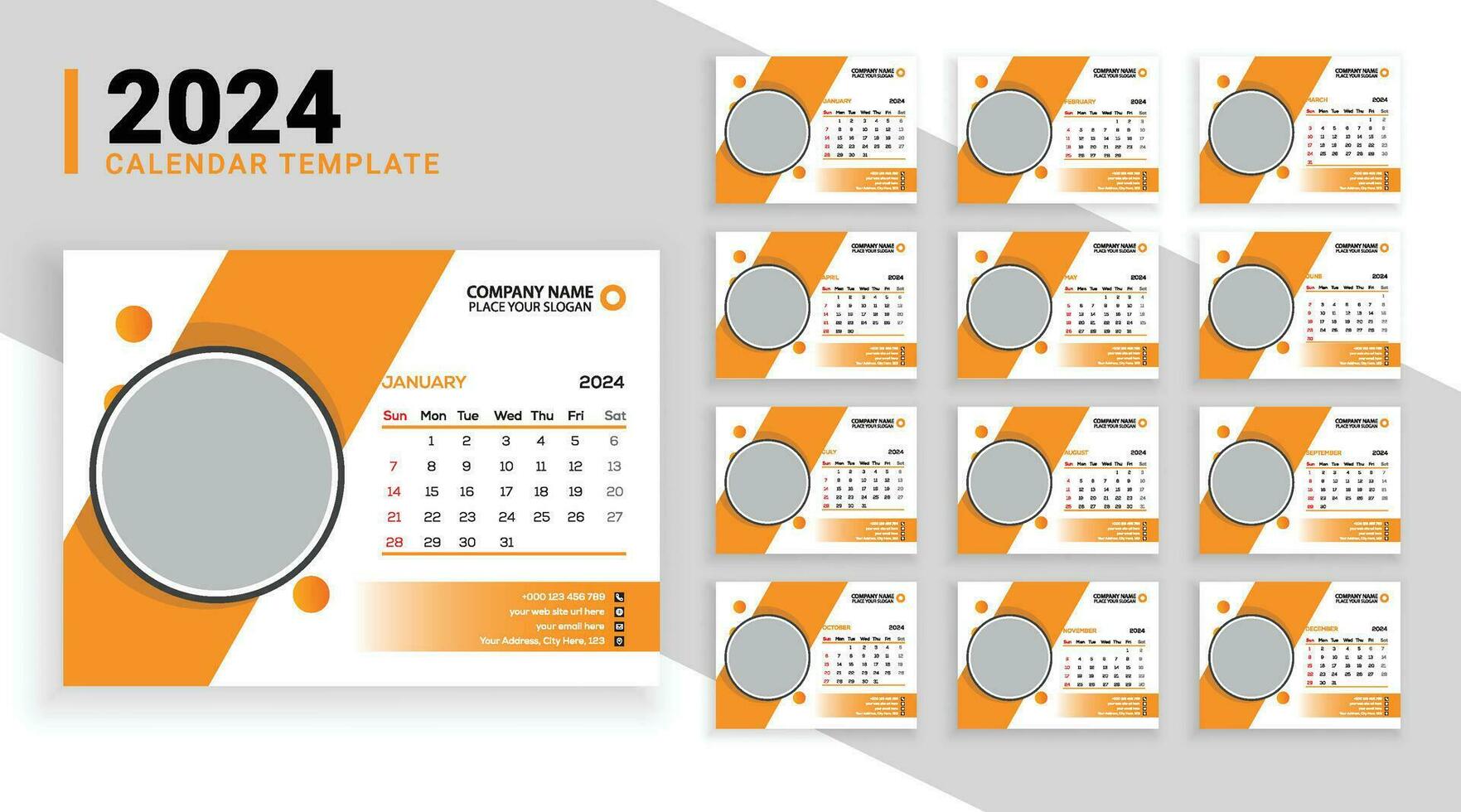 Modern 12 pages desk calendar template for the year 2024 with abstract gradient shapes and an image placeholder vector