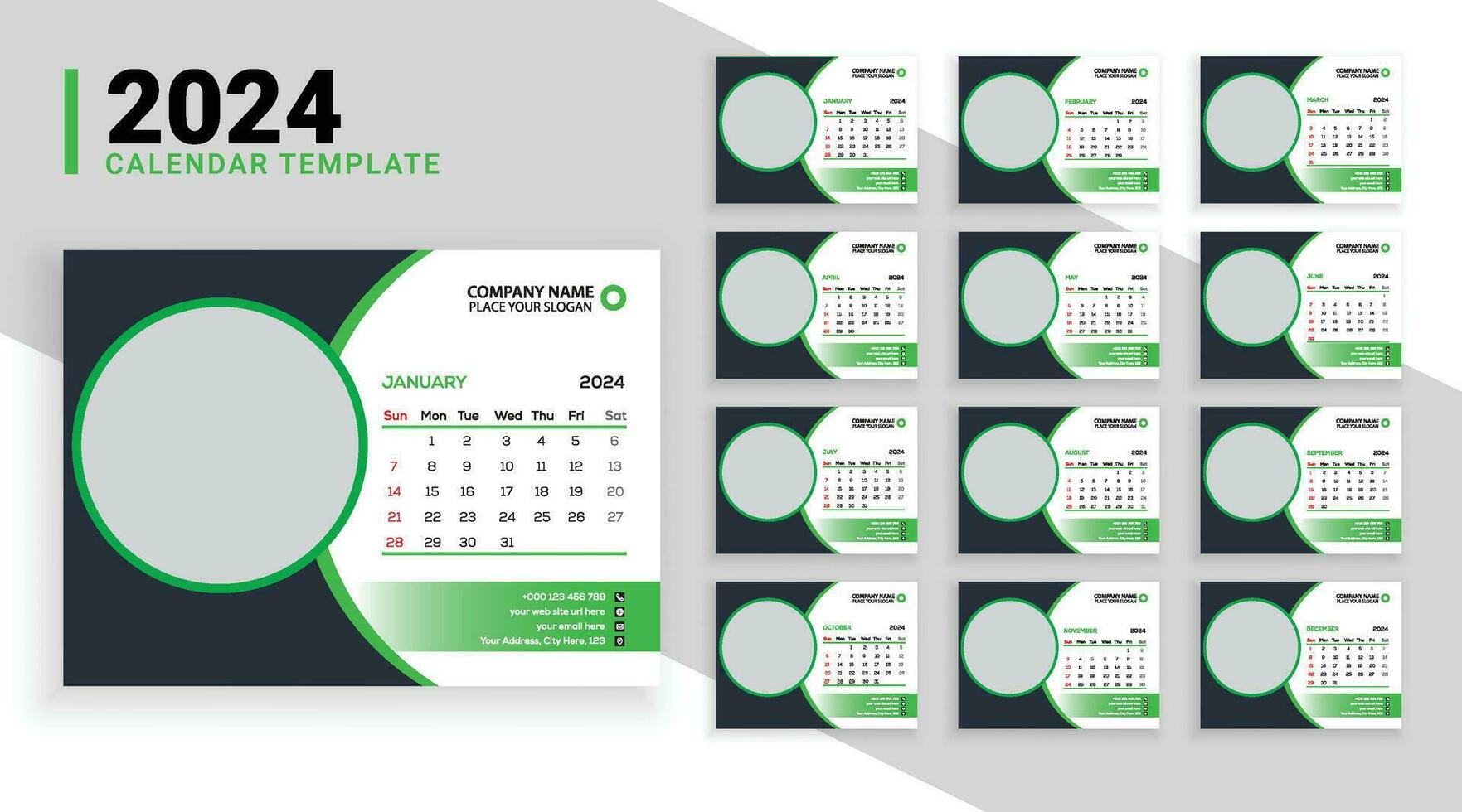 moderno 12 paginas escritorio calendario modelo para el año 2024 con resumen degradado formas y un imagen marcador de posición vector