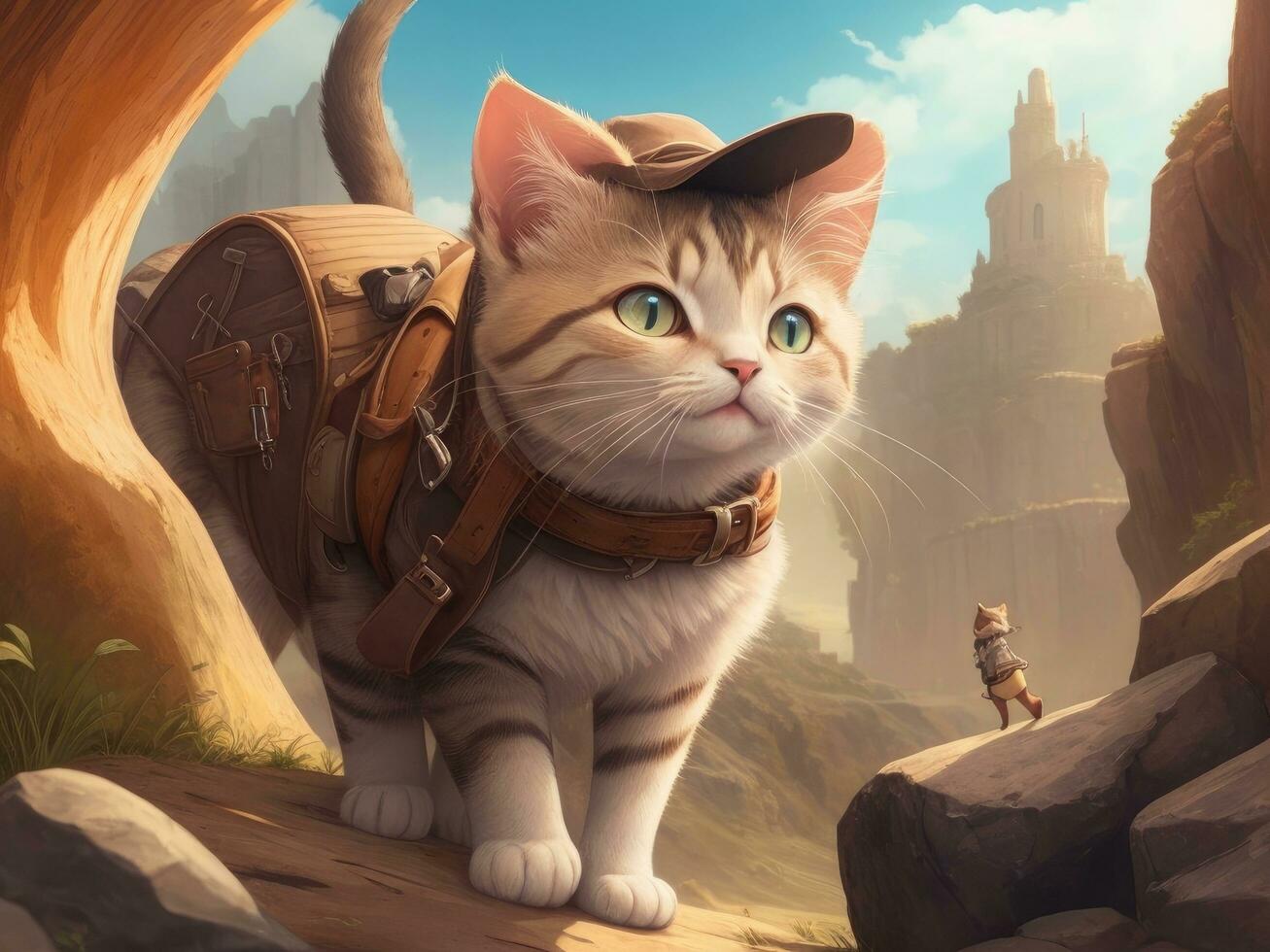 AI generated Cute cat in a hat with a backpack on the background of an ancient city photo
