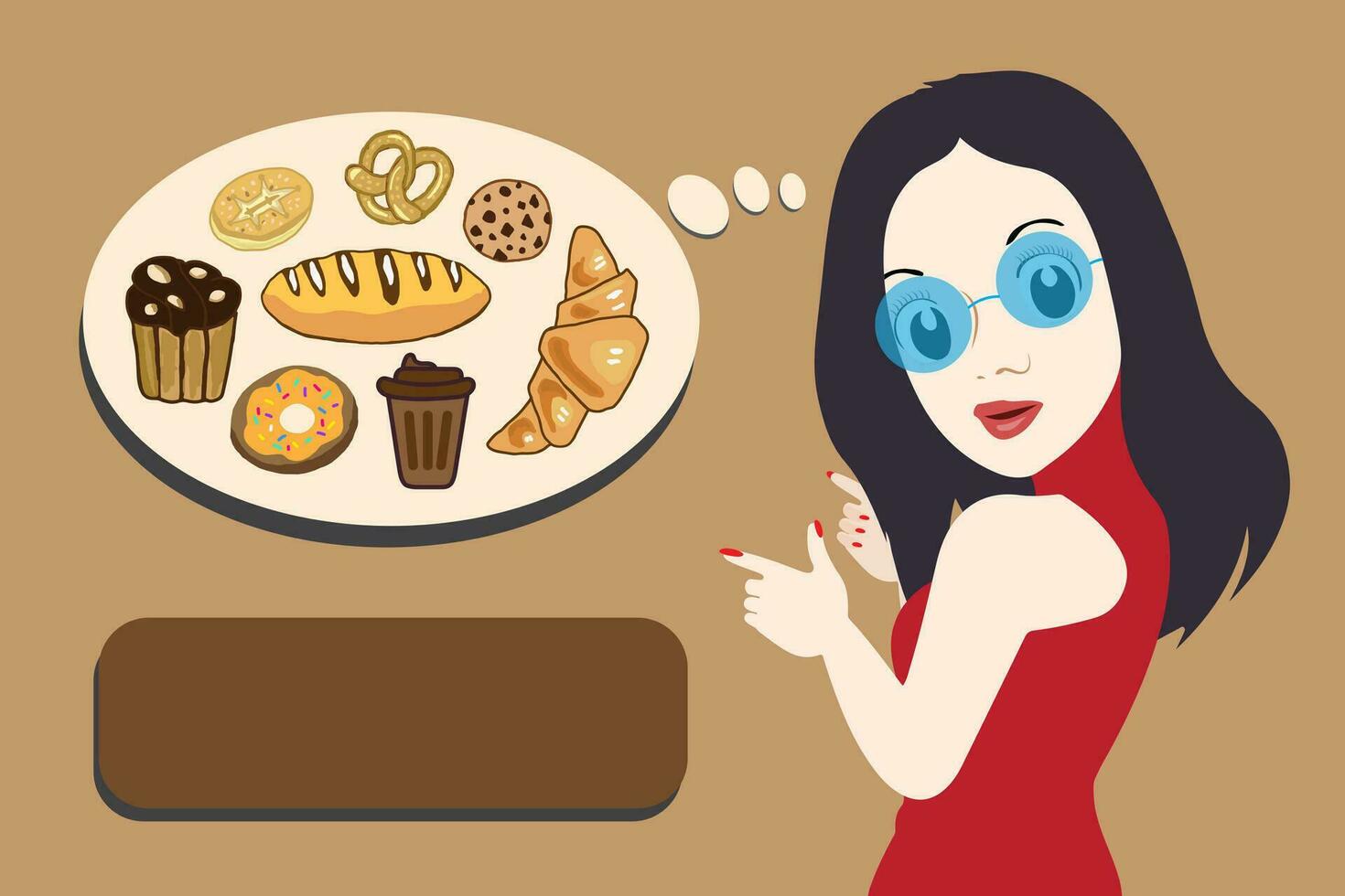 women pointing at a plate of breads. A girl looking at a sweet dessert. A vector cartoon illustration.