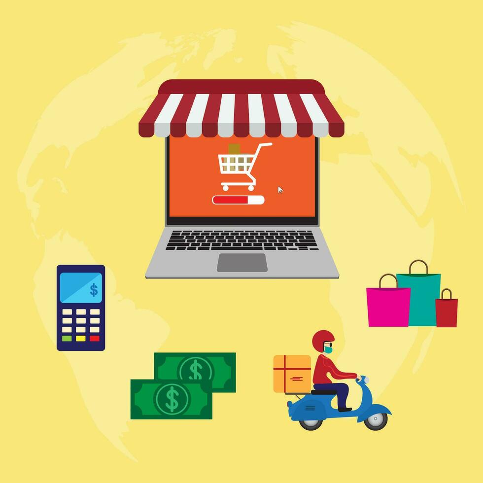 Online shopping outline concept of purchasing process. laptop with shopping cart at center. vector