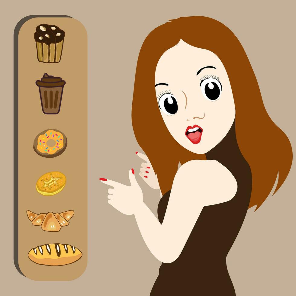 women pointing at a plate of breads. A girl looking at a sweet dessert. A vector cartoon illustration.