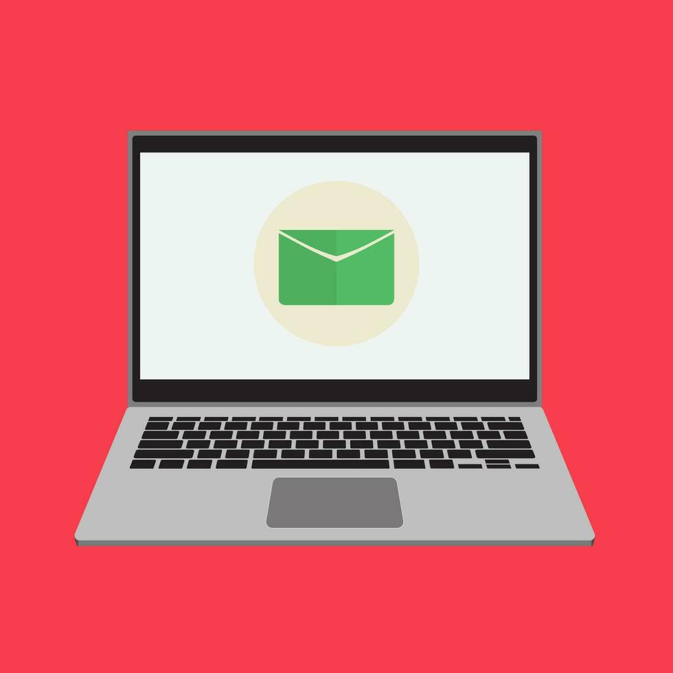 Email message on screen in laptop. Laptop with envelope on screen. Message reminder concept. Newsletter on computer. Email receiving symbol, service, notification, email, new message. vector