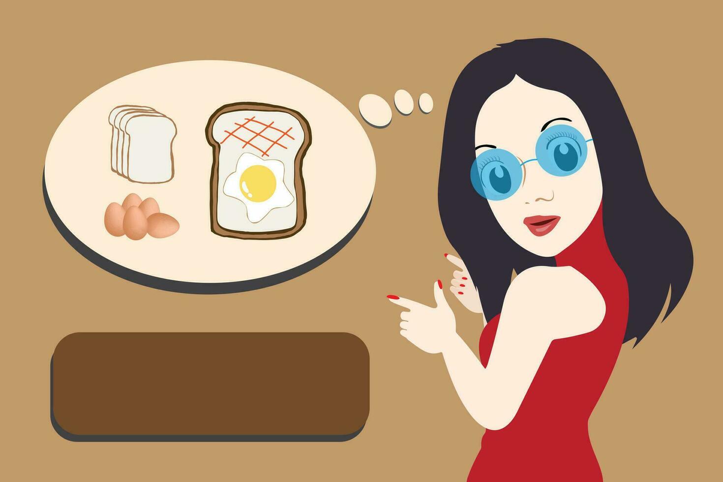 A woman pointing at a plate of bread. A girl looking at a sweet dessert. A vector cartoon illustration.