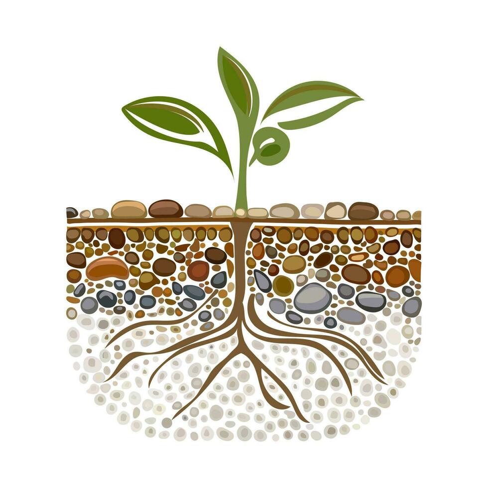 Sprout with root system in soil isolated on white background. Young green plant with roots. Dirt layers, stone and root. Cross section ground slice. Underground layers of earth and groundwater. Vector