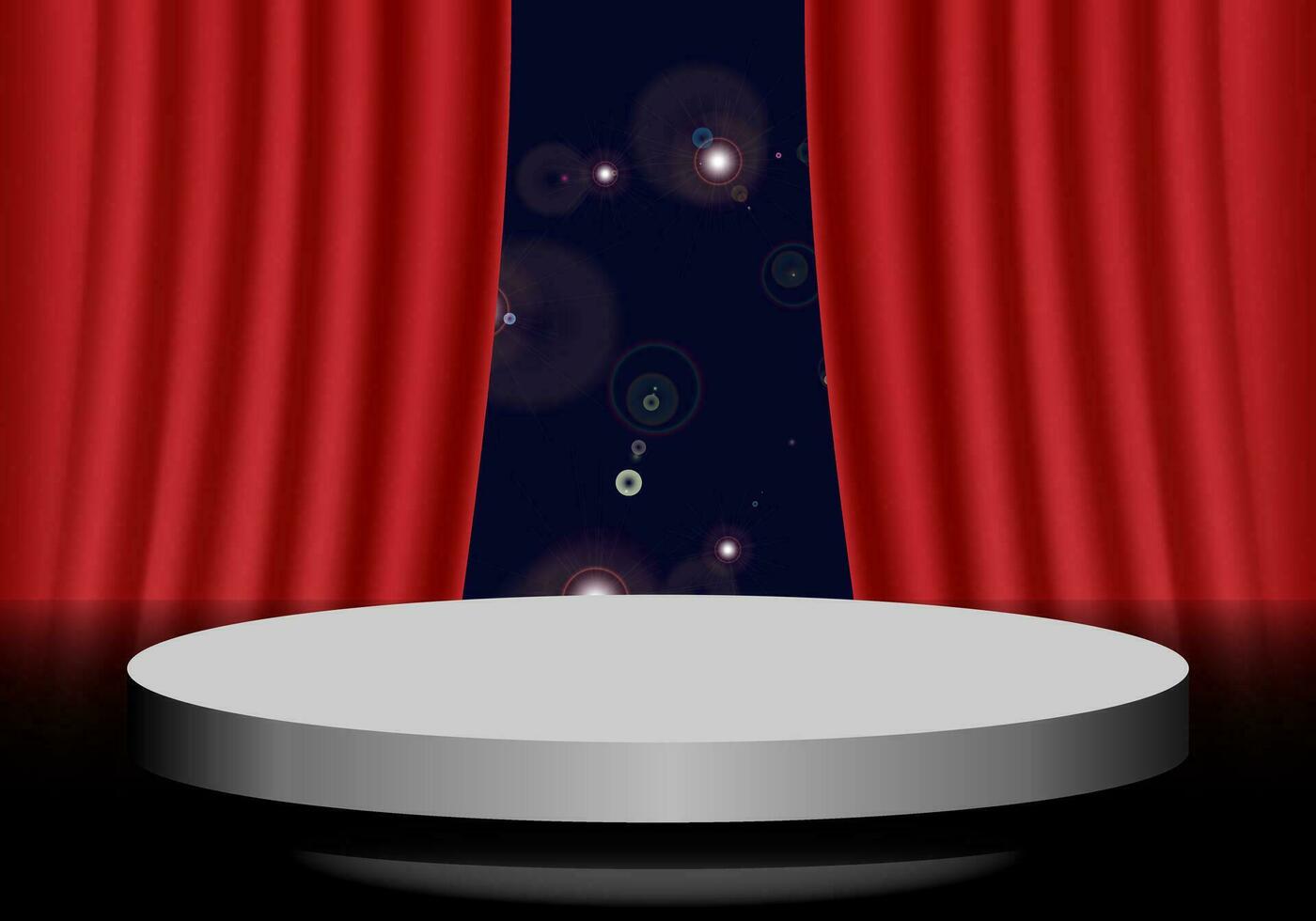 vector abstract 3d shape rendering for product placement with modern silver round base copy space and red curtain background. illustration EPS 10.