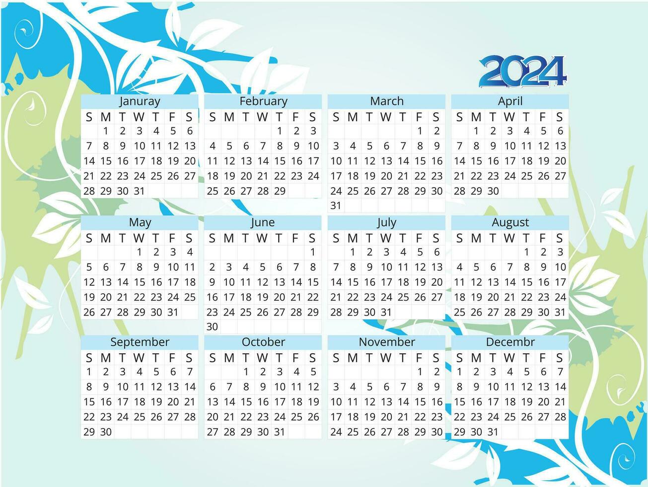 Calendar 2024 template vector, simple minimal design, Planner 2024 year, Wall calendar 2024 year, Week Starts sunday, Set of 12 calendar, advertisement, printing, stationery, organization office vector