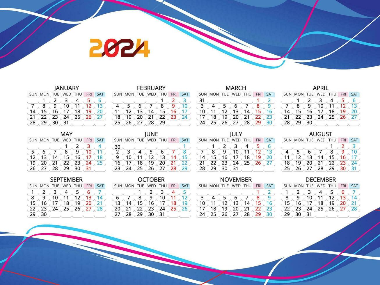 Calendar 2024 template vector, simple minimal design, Planner 2024 year, Wall calendar 2024 year, Week Starts sunday, Set of 12 calendar, advertisement, printing, stationery, organization office vector