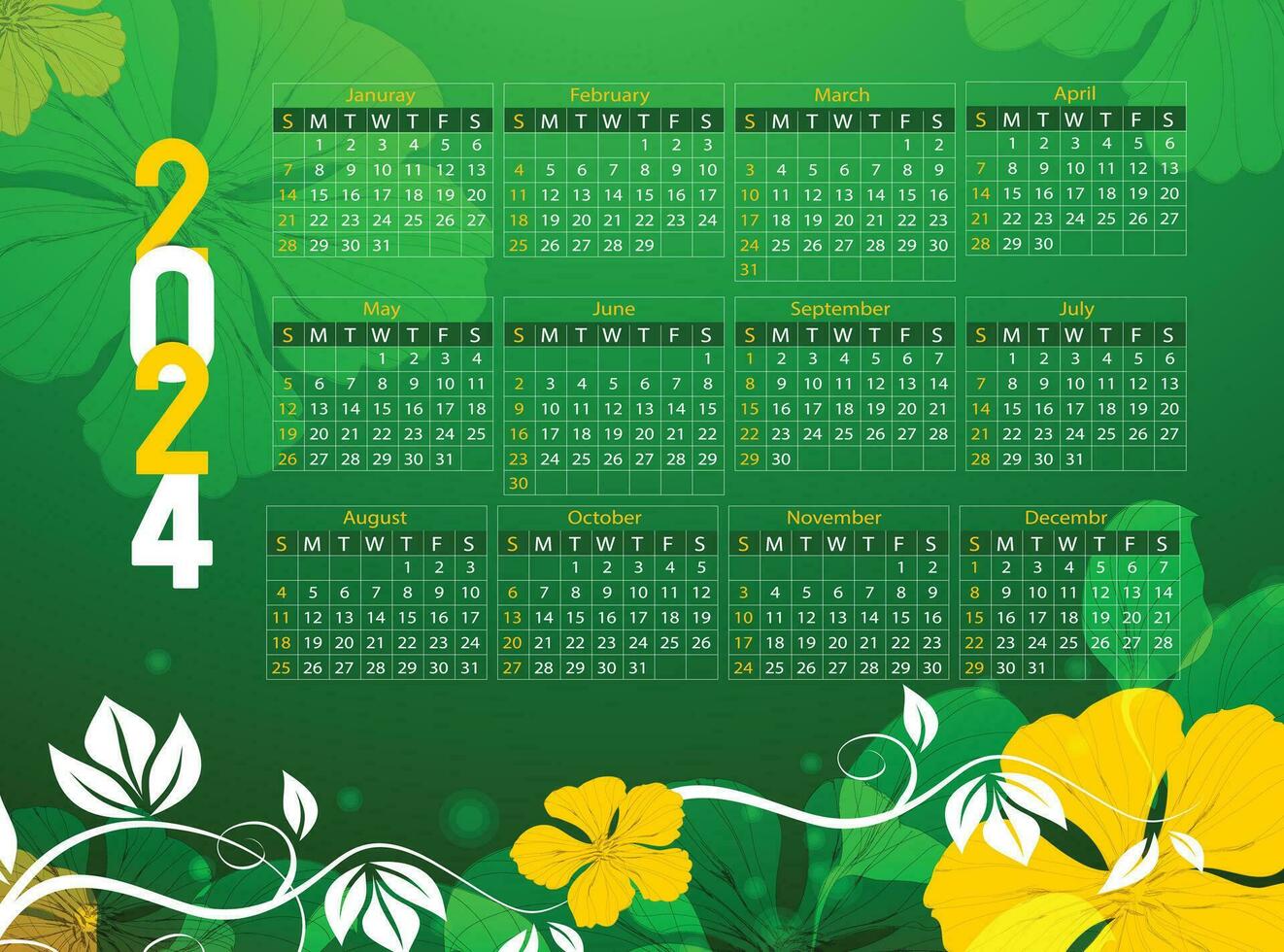 Calendar 2024 template vector, simple minimal design, Planner 2024 year, Wall calendar 2024 year, Week Starts sunday, Set of 12 calendar, advertisement, printing, stationery, organization office vector
